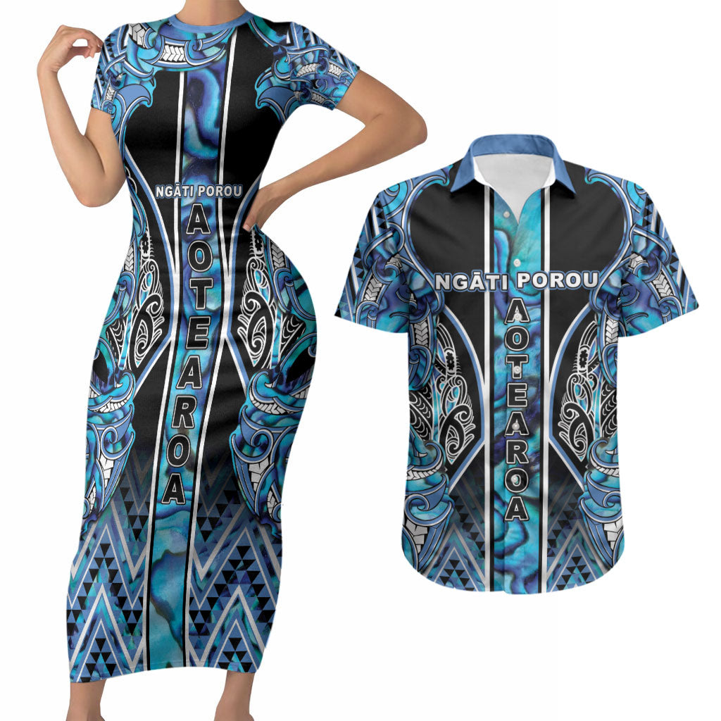 Aotearoa Ngati Porou Couples Matching Short Sleeve Bodycon Dress and Hawaiian Shirt Maori Light Blue Tribal Paua Shell Pattern