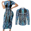 Aotearoa Ngati Porou Couples Matching Short Sleeve Bodycon Dress and Long Sleeve Button Shirt Maori Light Blue Tribal Paua Shell Pattern