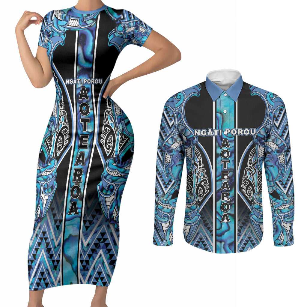 Aotearoa Ngati Porou Couples Matching Short Sleeve Bodycon Dress and Long Sleeve Button Shirt Maori Light Blue Tribal Paua Shell Pattern
