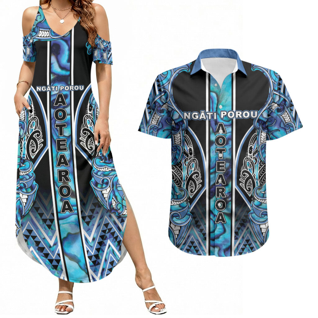 Aotearoa Ngati Porou Couples Matching Summer Maxi Dress and Hawaiian Shirt Maori Light Blue Tribal Paua Shell Pattern