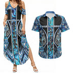 Aotearoa Ngati Porou Couples Matching Summer Maxi Dress and Hawaiian Shirt Maori Light Blue Tribal Paua Shell Pattern