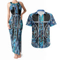 Aotearoa Ngati Porou Couples Matching Tank Maxi Dress and Hawaiian Shirt Maori Light Blue Tribal Paua Shell Pattern
