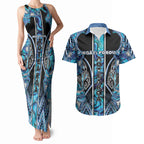 Aotearoa Ngati Porou Couples Matching Tank Maxi Dress and Hawaiian Shirt Maori Light Blue Tribal Paua Shell Pattern