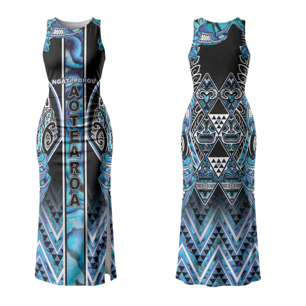 Aotearoa Ngati Porou Couples Matching Tank Maxi Dress and Hawaiian Shirt Maori Light Blue Tribal Paua Shell Pattern