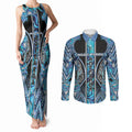 Aotearoa Ngati Porou Couples Matching Tank Maxi Dress and Long Sleeve Button Shirt Maori Light Blue Tribal Paua Shell Pattern