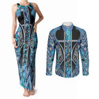 Aotearoa Ngati Porou Couples Matching Tank Maxi Dress and Long Sleeve Button Shirt Maori Light Blue Tribal Paua Shell Pattern