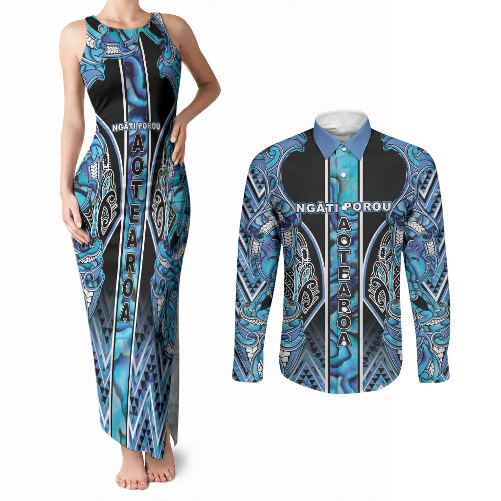 Aotearoa Ngati Porou Couples Matching Tank Maxi Dress and Long Sleeve Button Shirt Maori Light Blue Tribal Paua Shell Pattern