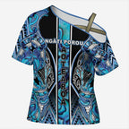 Aotearoa Ngati Porou Cross Shoulder Shirt Maori Light Blue Tribal Paua Shell Pattern