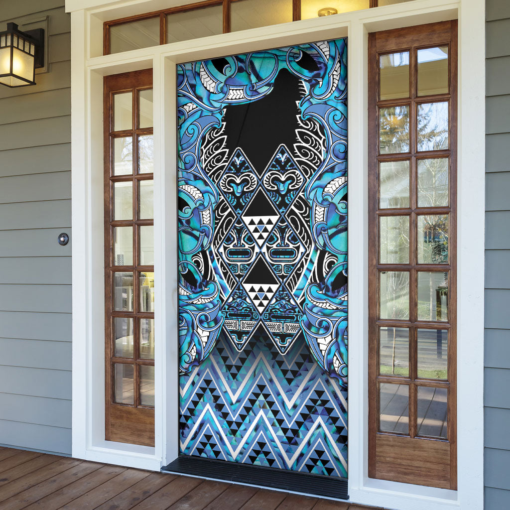 Aotearoa Ngati Porou Door Cover Maori Light Blue Tribal Paua Shell Pattern