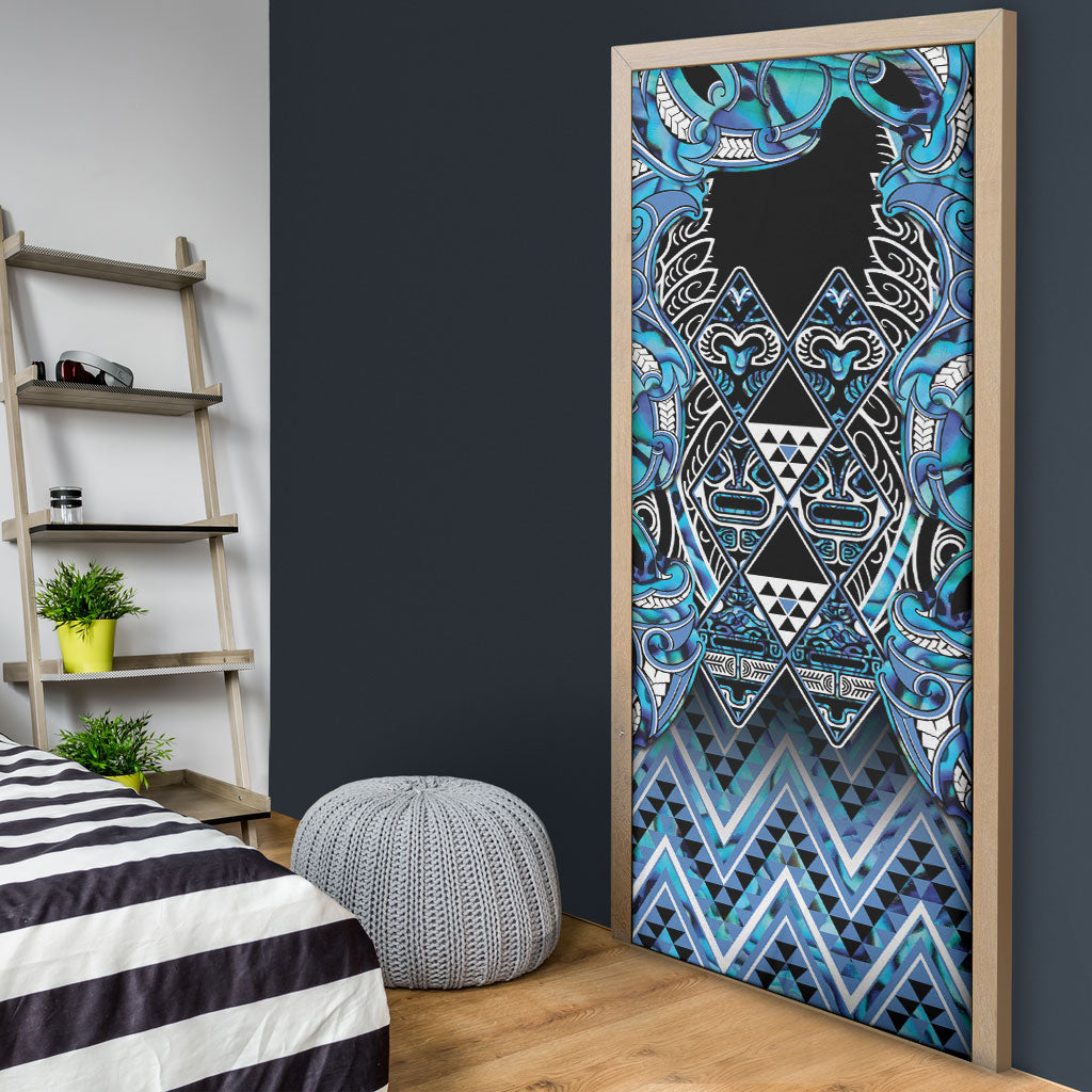 Aotearoa Ngati Porou Door Cover Maori Light Blue Tribal Paua Shell Pattern
