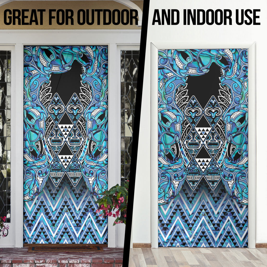 Aotearoa Ngati Porou Door Cover Maori Light Blue Tribal Paua Shell Pattern