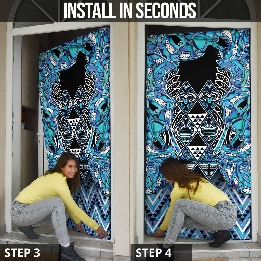 Aotearoa Ngati Porou Door Cover Maori Light Blue Tribal Paua Shell Pattern