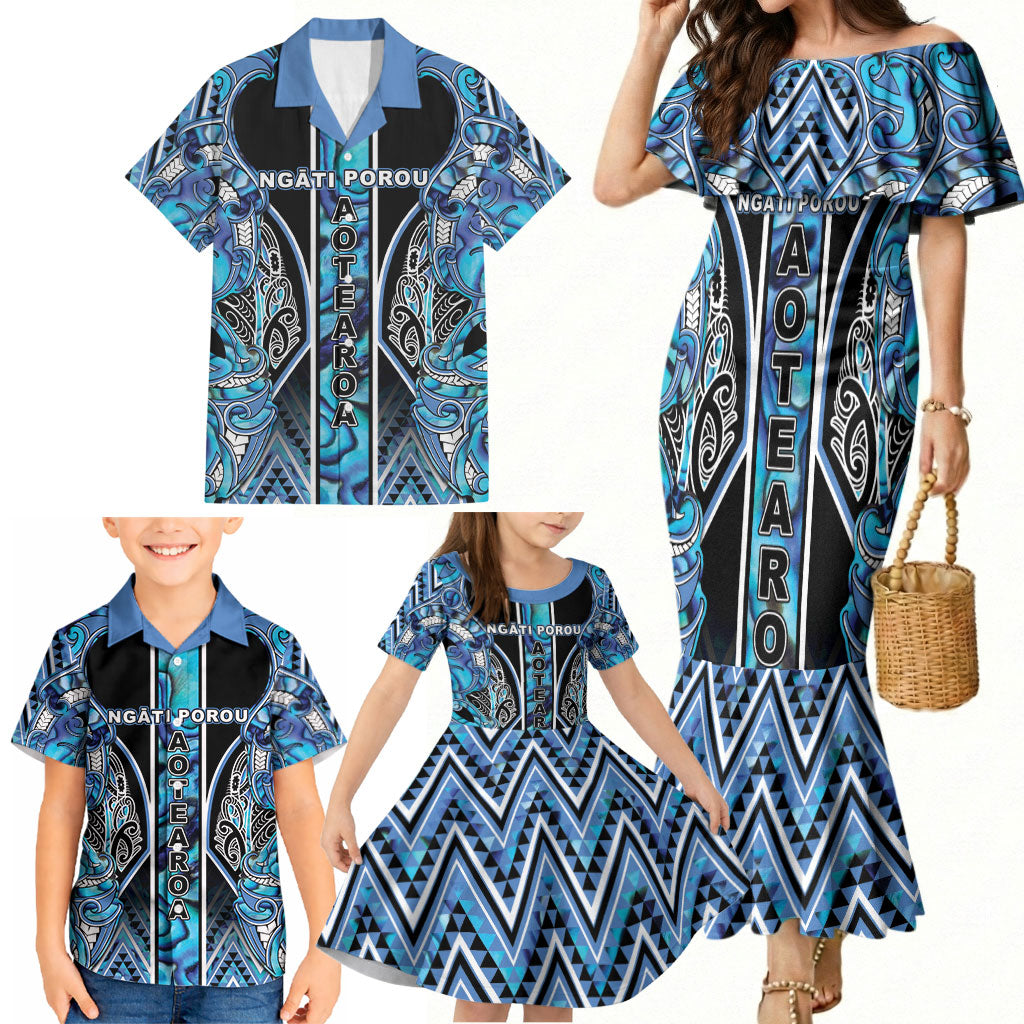 Aotearoa Ngati Porou Family Matching Mermaid Dress and Hawaiian Shirt Maori Light Blue Tribal Paua Shell Pattern