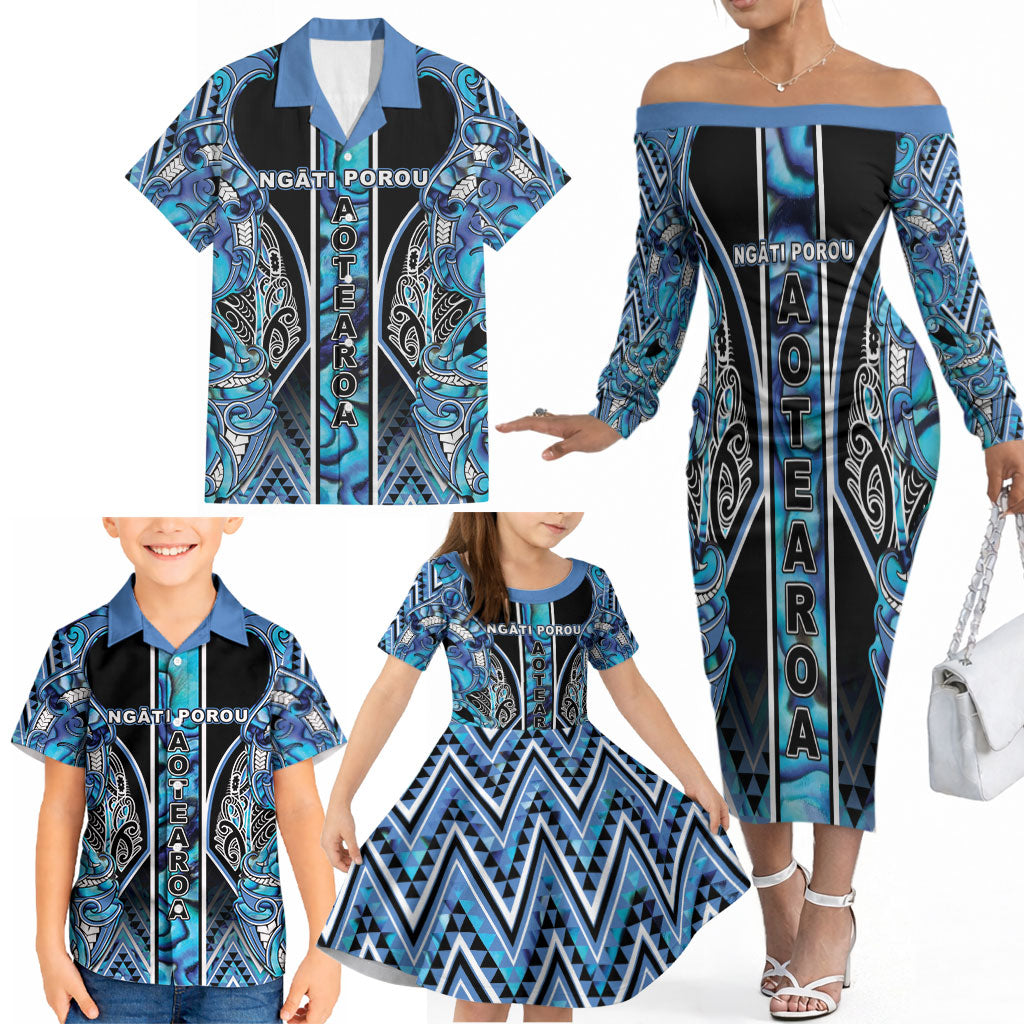 Aotearoa Ngati Porou Family Matching Off The Shoulder Long Sleeve Dress and Hawaiian Shirt Maori Light Blue Tribal Paua Shell Pattern