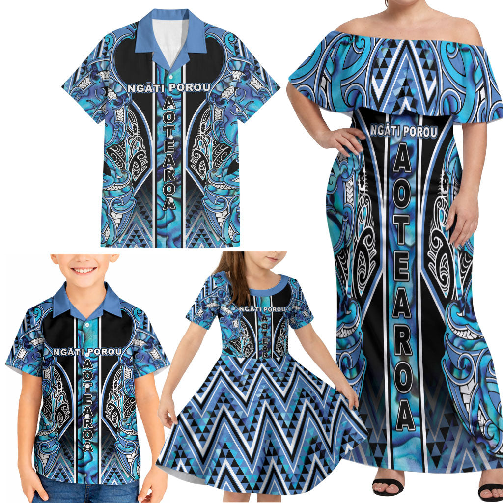 Aotearoa Ngati Porou Family Matching Off Shoulder Maxi Dress and Hawaiian Shirt Maori Light Blue Tribal Paua Shell Pattern