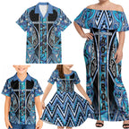 Aotearoa Ngati Porou Family Matching Off Shoulder Maxi Dress and Hawaiian Shirt Maori Light Blue Tribal Paua Shell Pattern
