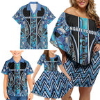 Aotearoa Ngati Porou Family Matching Off Shoulder Short Dress and Hawaiian Shirt Maori Light Blue Tribal Paua Shell Pattern