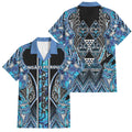Aotearoa Ngati Porou Family Matching Short Sleeve Bodycon Dress and Hawaiian Shirt Maori Light Blue Tribal Paua Shell Pattern