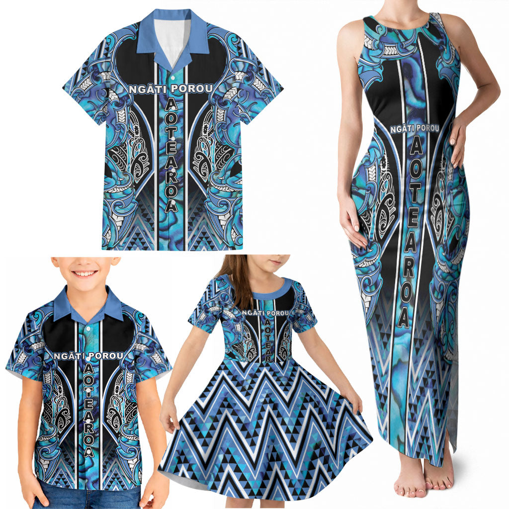 Aotearoa Ngati Porou Family Matching Tank Maxi Dress and Hawaiian Shirt Maori Light Blue Tribal Paua Shell Pattern