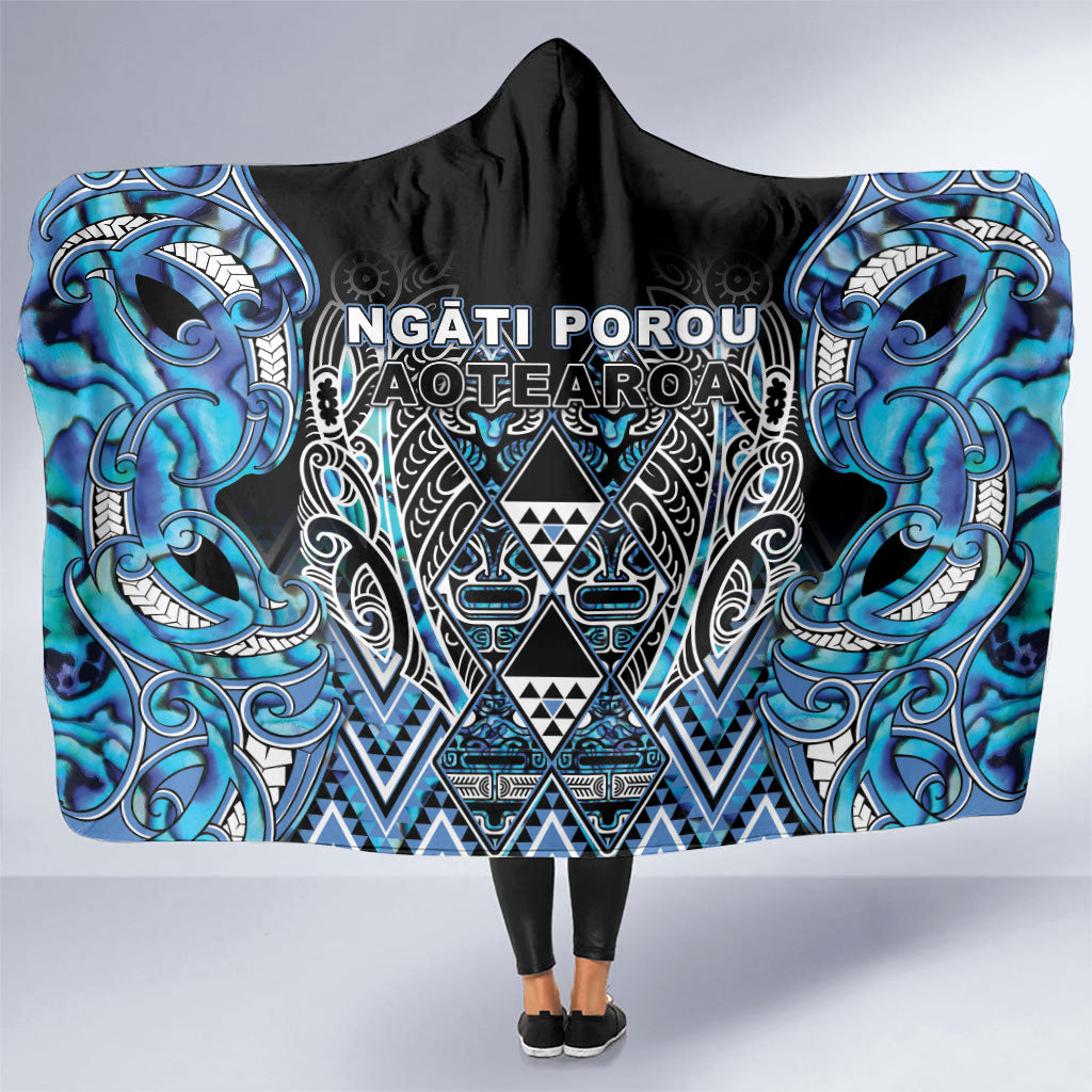 Aotearoa Ngati Porou Hooded Blanket Maori Light Blue Tribal Paua Shell Pattern