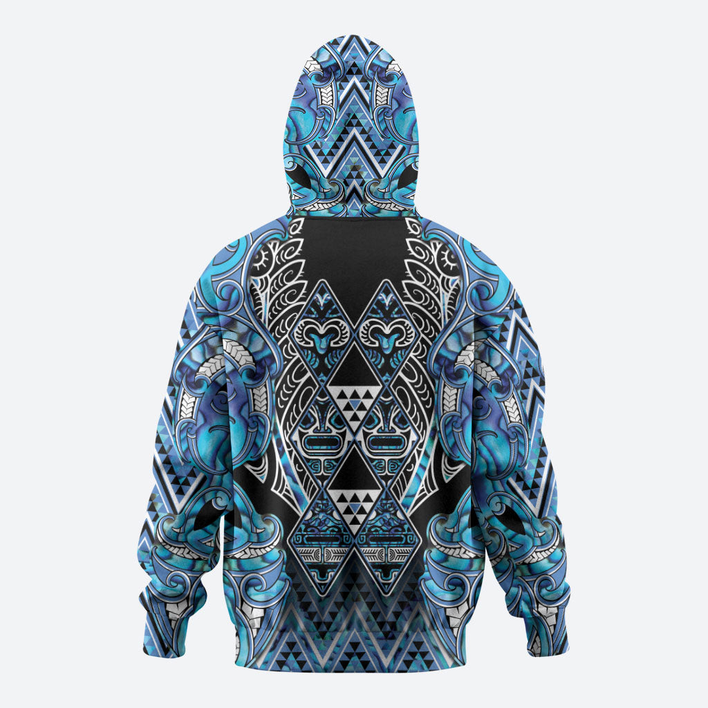 Aotearoa Ngati Porou Hoodie Maori Light Blue Tribal Paua Shell Pattern
