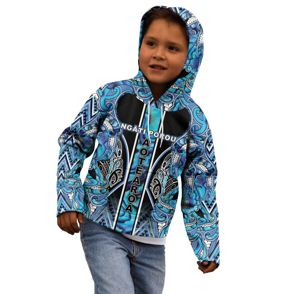 Aotearoa Ngati Porou Kid Hoodie Maori Light Blue Tribal Paua Shell Pattern