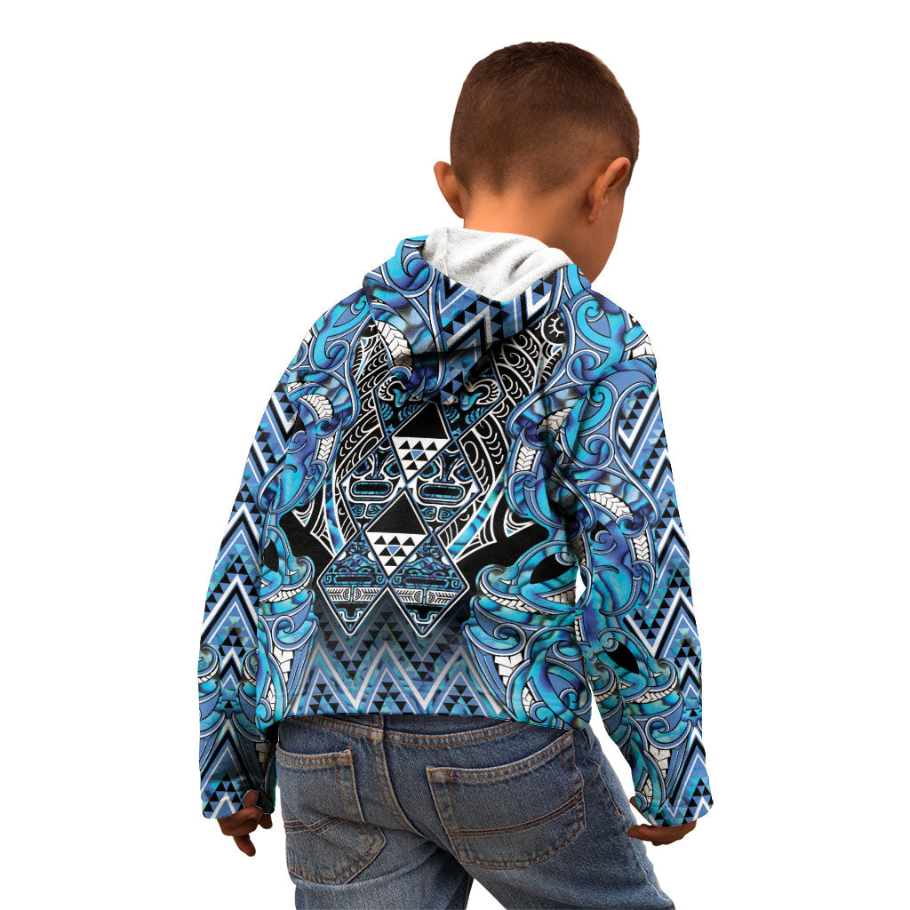 Aotearoa Ngati Porou Kid Hoodie Maori Light Blue Tribal Paua Shell Pattern