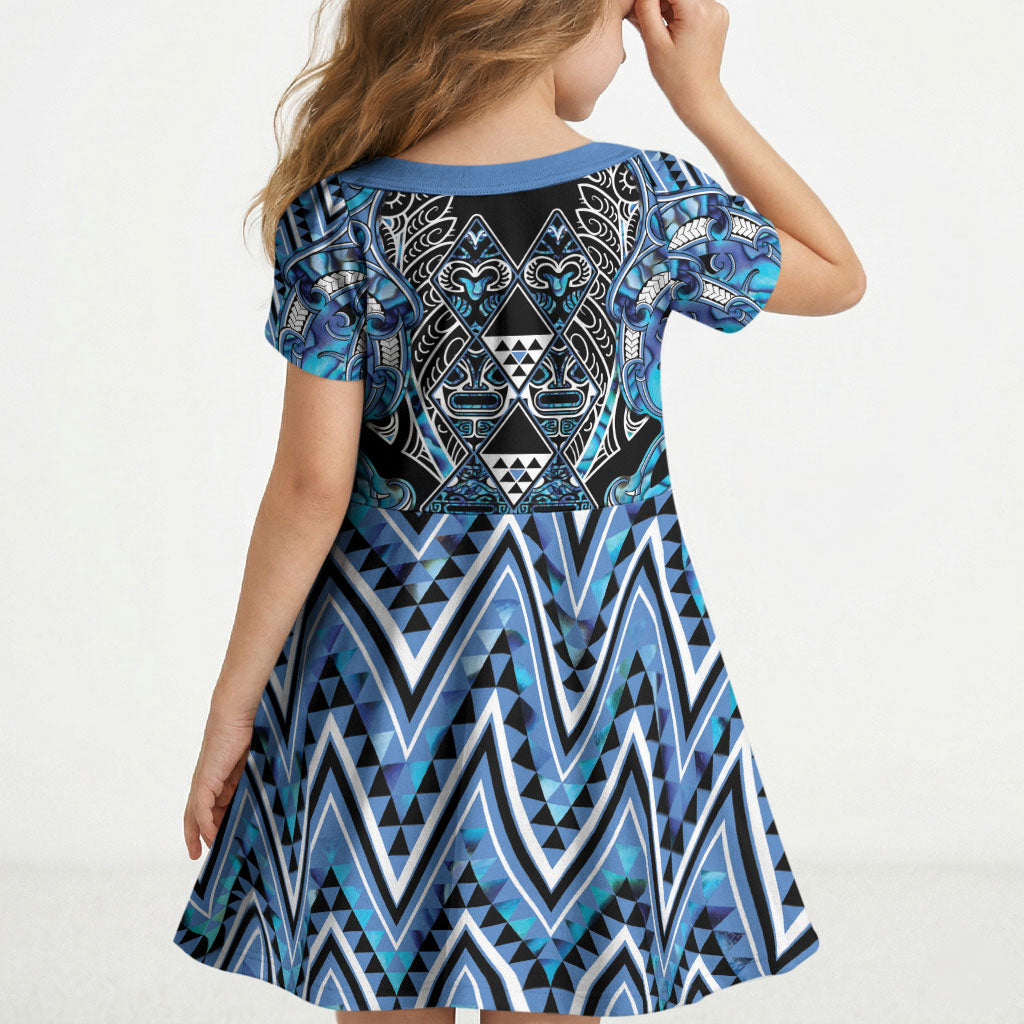 Aotearoa Ngati Porou Kid Short Sleeve Dress Maori Light Blue Tribal Paua Shell Pattern