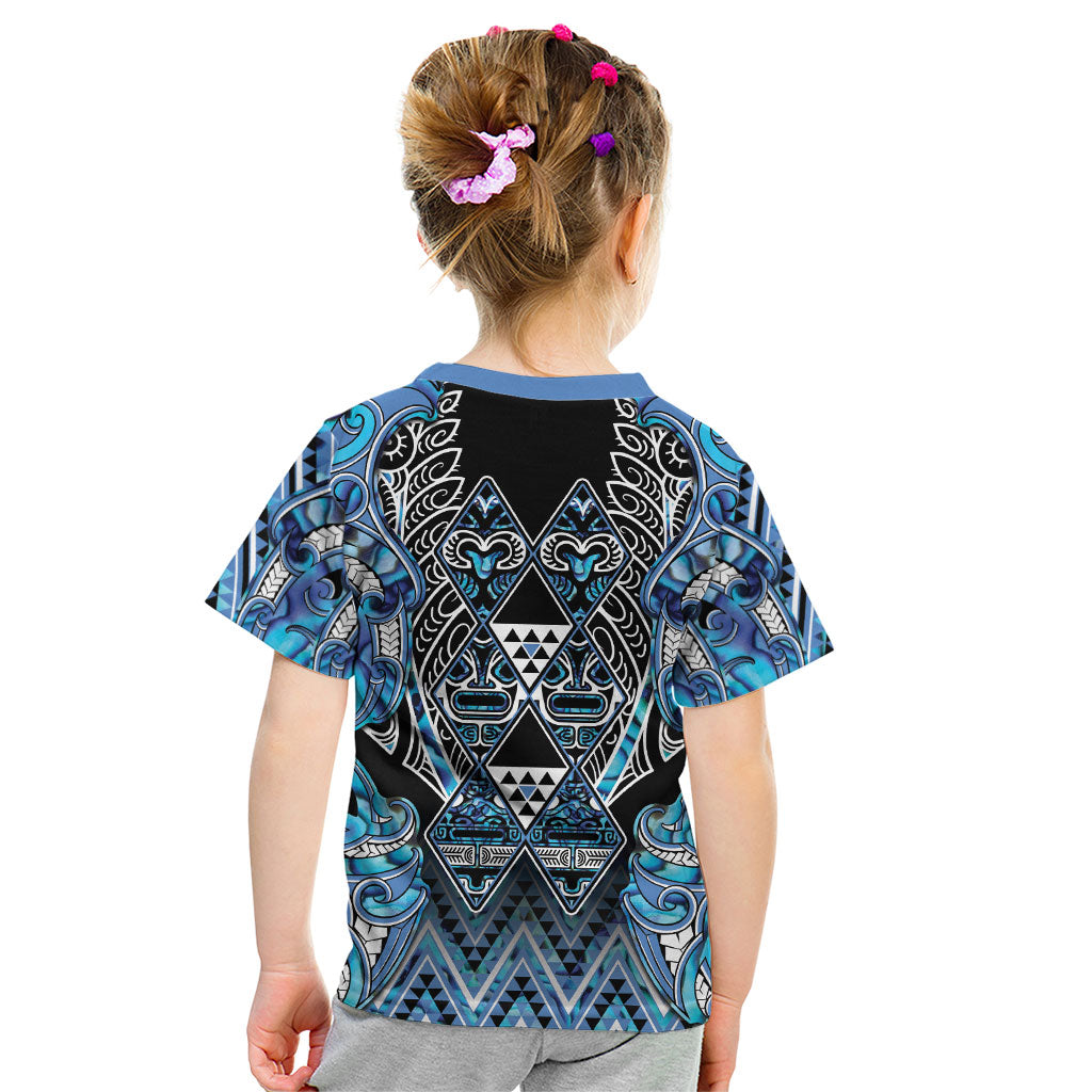 Aotearoa Ngati Porou Kid T Shirt Maori Light Blue Tribal Paua Shell Pattern