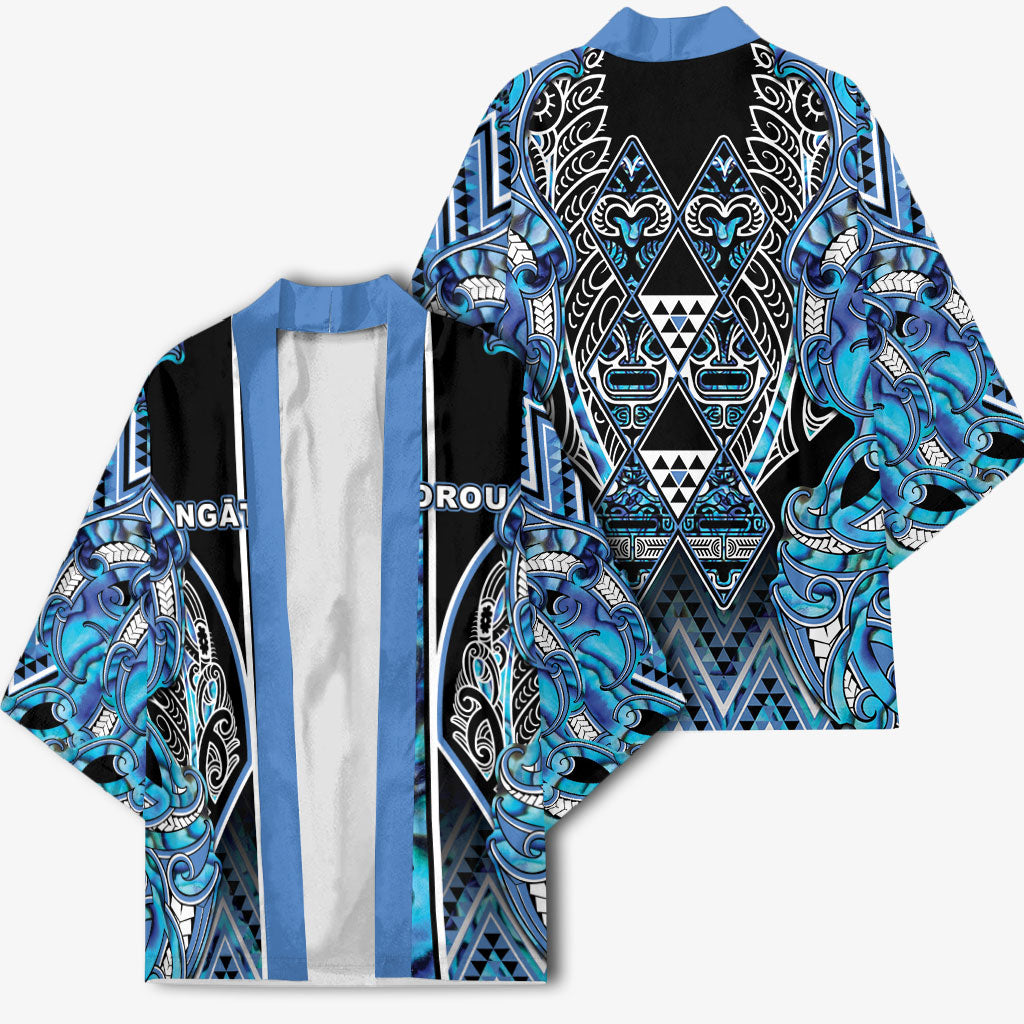 Aotearoa Ngati Porou Kimono Maori Light Blue Tribal Paua Shell Pattern