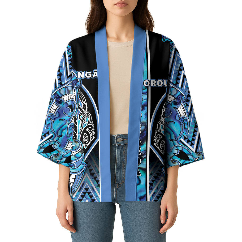 Aotearoa Ngati Porou Kimono Maori Light Blue Tribal Paua Shell Pattern