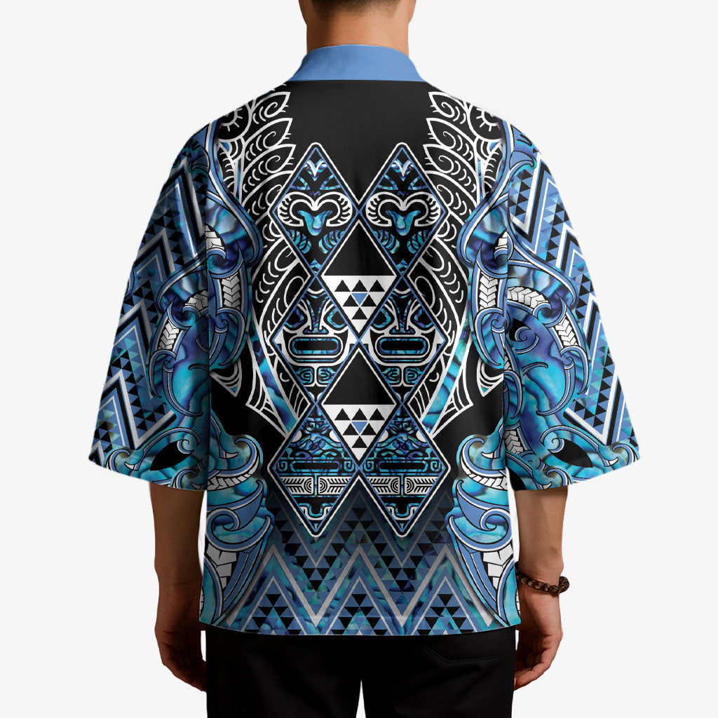 Aotearoa Ngati Porou Kimono Maori Light Blue Tribal Paua Shell Pattern