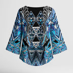 Aotearoa Ngati Porou Kimono Sleeve Blouse Maori Light Blue Tribal Paua Shell Pattern
