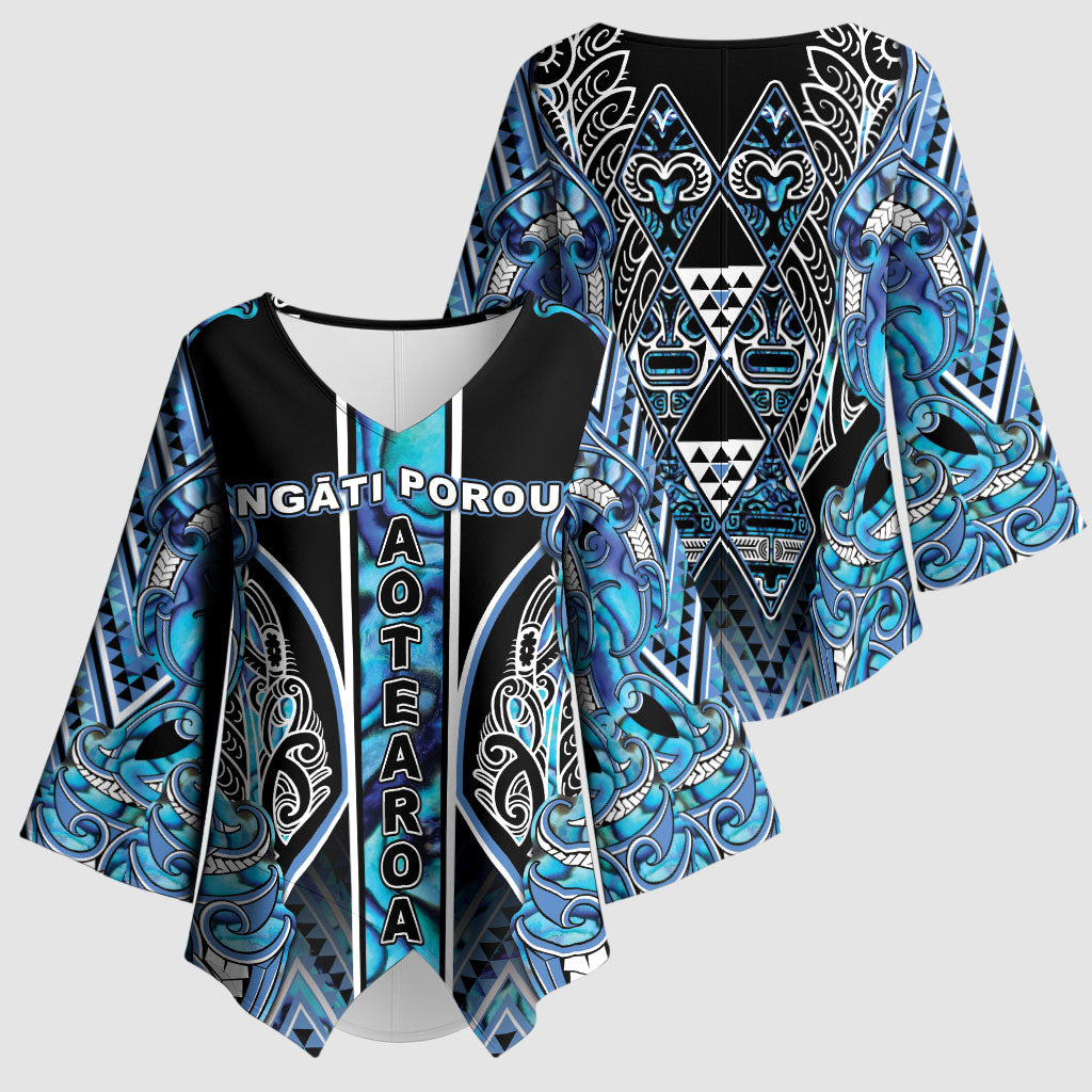 Aotearoa Ngati Porou Kimono Sleeve Blouse Maori Light Blue Tribal Paua Shell Pattern