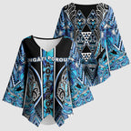 Aotearoa Ngati Porou Kimono Sleeve Blouse Maori Light Blue Tribal Paua Shell Pattern