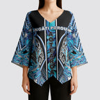 Aotearoa Ngati Porou Kimono Sleeve Blouse Maori Light Blue Tribal Paua Shell Pattern