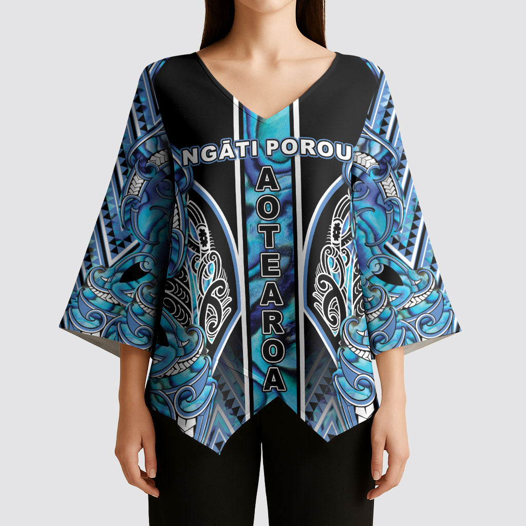 Aotearoa Ngati Porou Kimono Sleeve Blouse Maori Light Blue Tribal Paua Shell Pattern