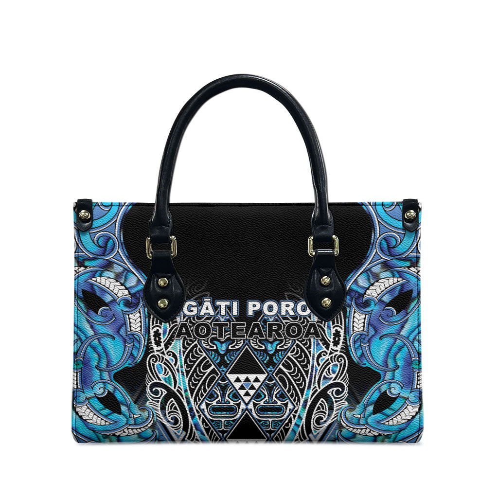 Aotearoa Ngati Porou Leather Bag Maori Light Blue Tribal Paua Shell Pattern