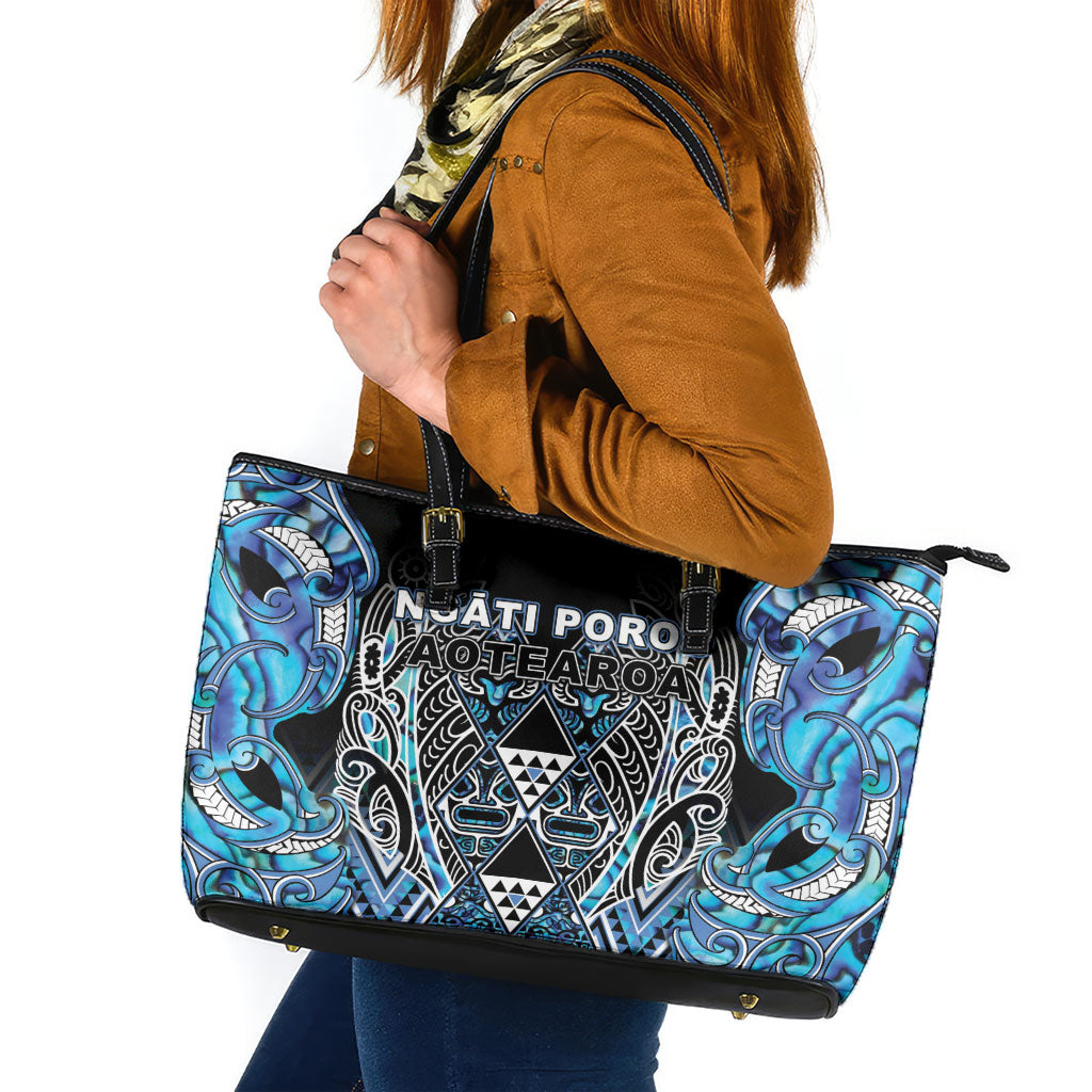Aotearoa Ngati Porou Leather Tote Bag Maori Light Blue Tribal Paua Shell Pattern