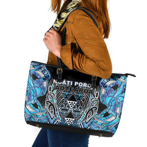 Aotearoa Ngati Porou Leather Tote Bag Maori Light Blue Tribal Paua Shell Pattern