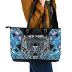 Aotearoa Ngati Porou Leather Tote Bag Maori Light Blue Tribal Paua Shell Pattern