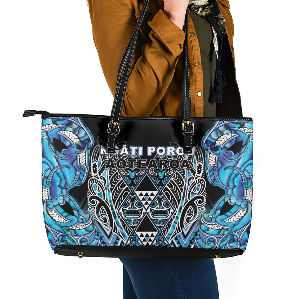 Aotearoa Ngati Porou Leather Tote Bag Maori Light Blue Tribal Paua Shell Pattern