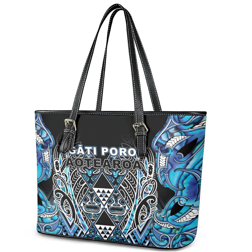 Aotearoa Ngati Porou Leather Tote Bag Maori Light Blue Tribal Paua Shell Pattern