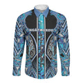 Aotearoa Ngati Porou Long Sleeve Button Shirt Maori Light Blue Tribal Paua Shell Pattern