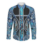 Aotearoa Ngati Porou Long Sleeve Button Shirt Maori Light Blue Tribal Paua Shell Pattern