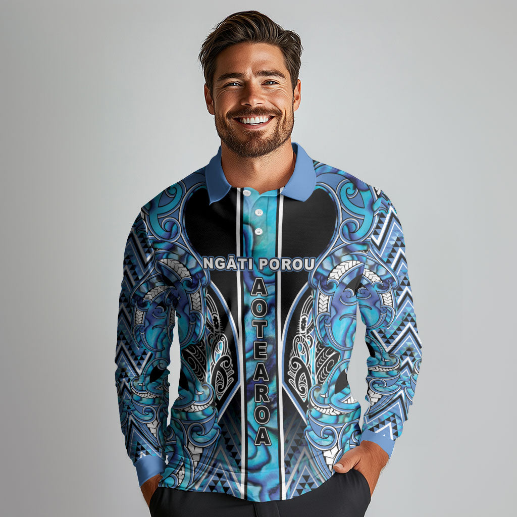 Aotearoa Ngati Porou Long Sleeve Polo Shirt Maori Light Blue Tribal Paua Shell Pattern