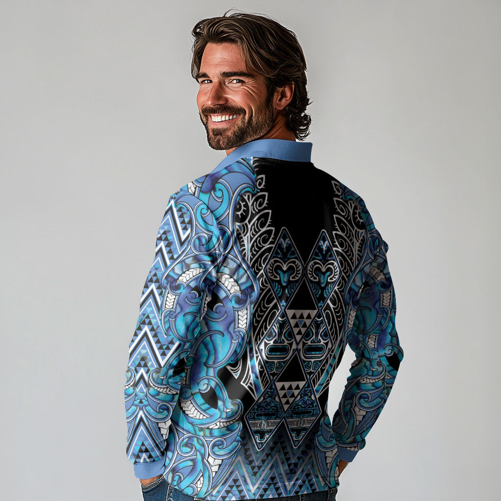 Aotearoa Ngati Porou Long Sleeve Polo Shirt Maori Light Blue Tribal Paua Shell Pattern