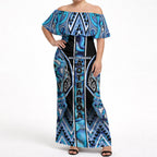 Aotearoa Ngati Porou Off Shoulder Maxi Dress Maori Light Blue Tribal Paua Shell Pattern