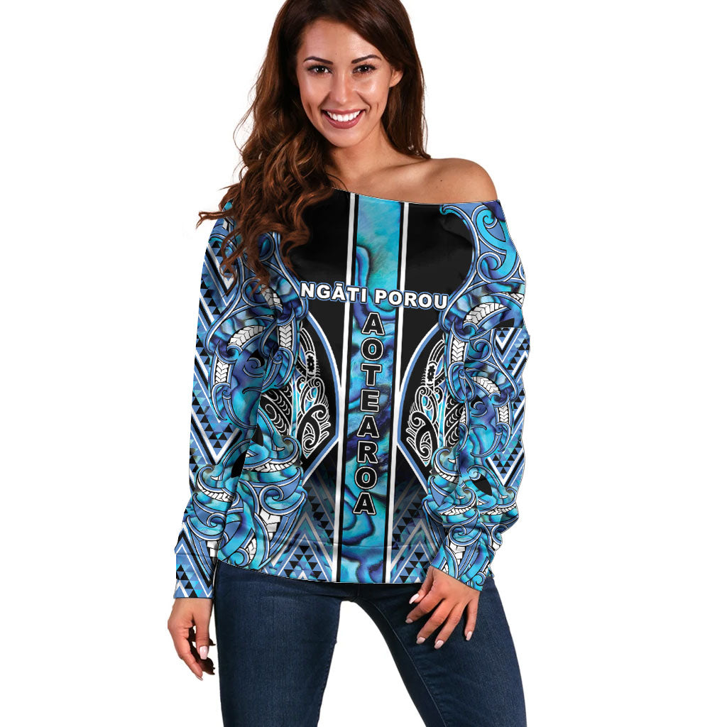 Aotearoa Ngati Porou Off Shoulder Sweater Maori Light Blue Tribal Paua Shell Pattern