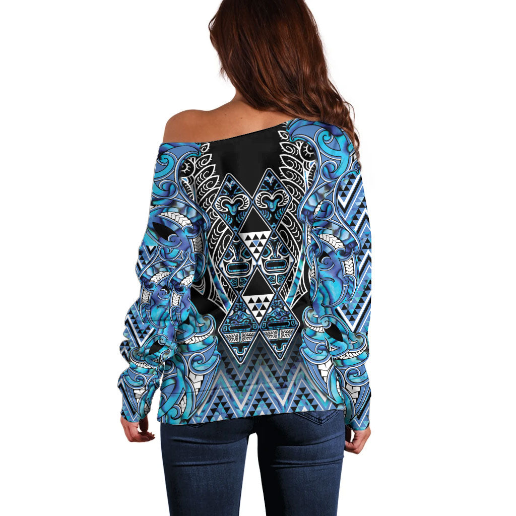 Aotearoa Ngati Porou Off Shoulder Sweater Maori Light Blue Tribal Paua Shell Pattern
